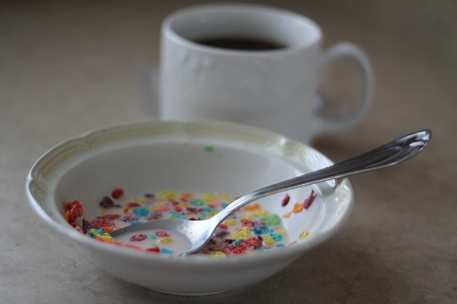 Modern-day breakfast cereal with coffee.