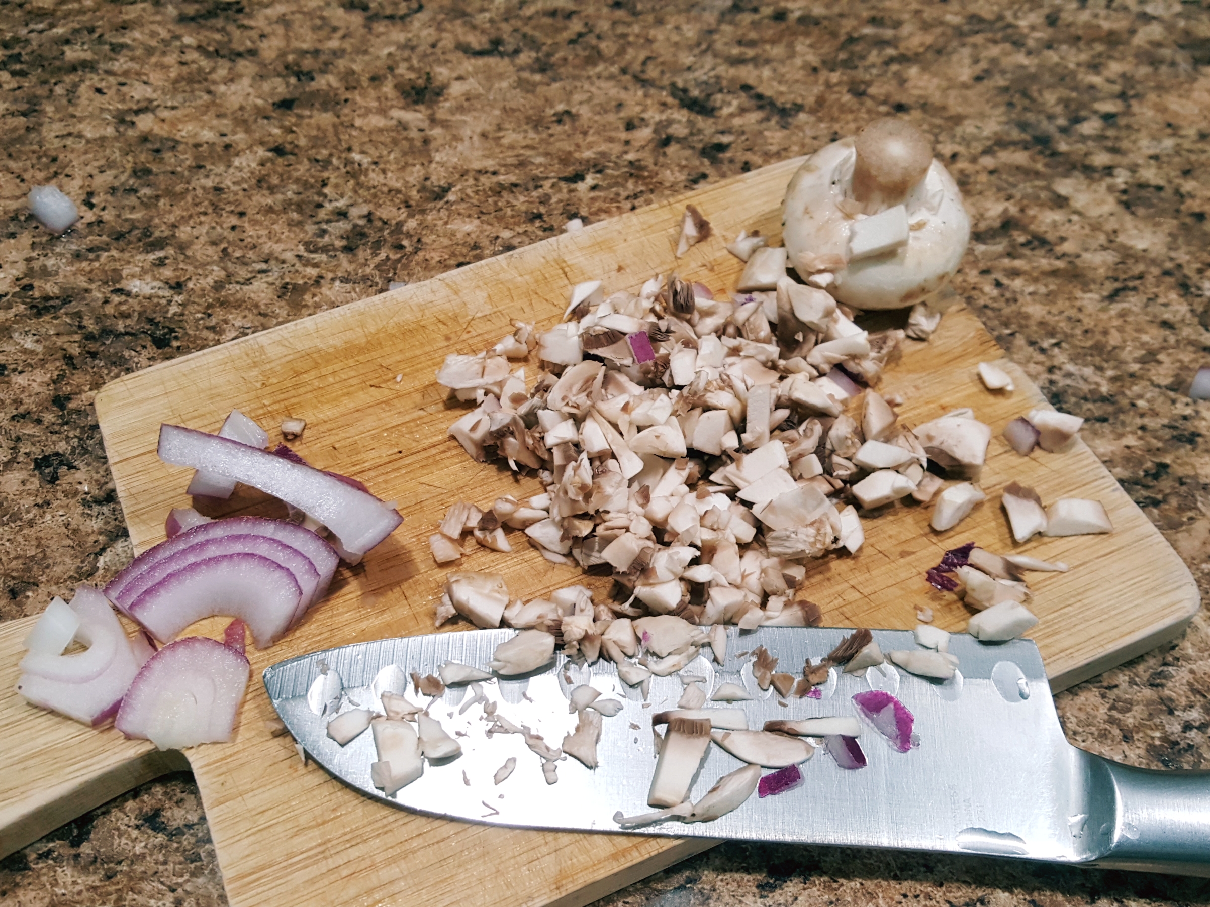 Chopped mushroom and red onion for my steak tartare recipe.