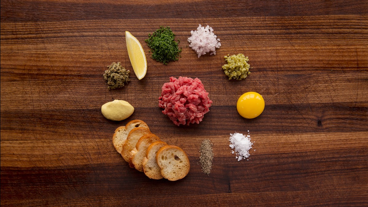 Classic steak tartare ingredients.