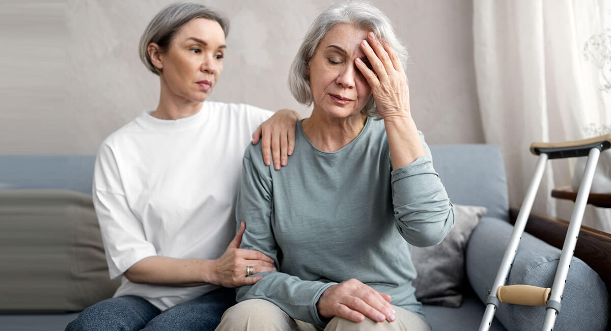 Woman suffering from cognitive decline and bone issues.