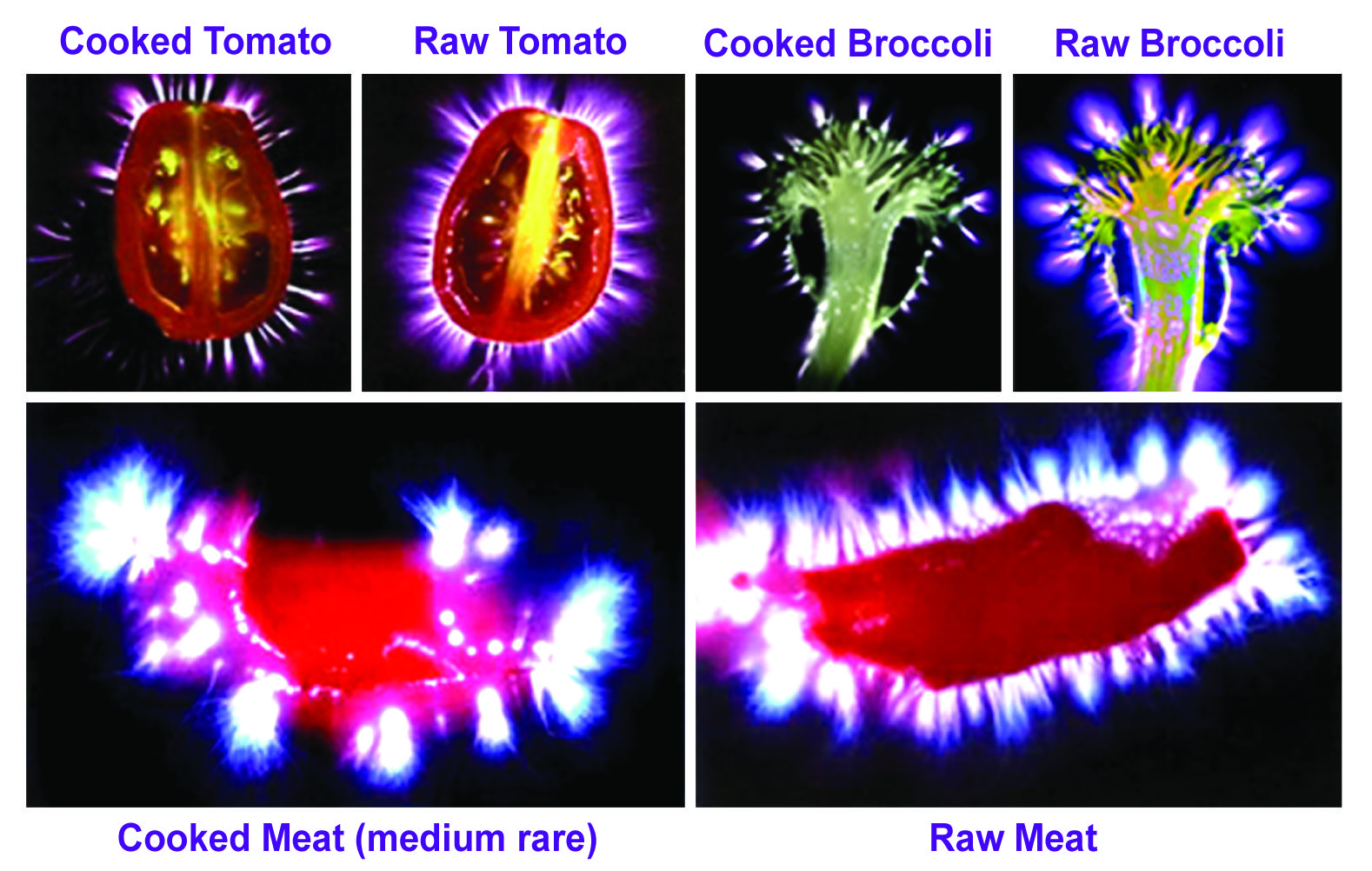 Cooked and raw foods Kirlian photo.