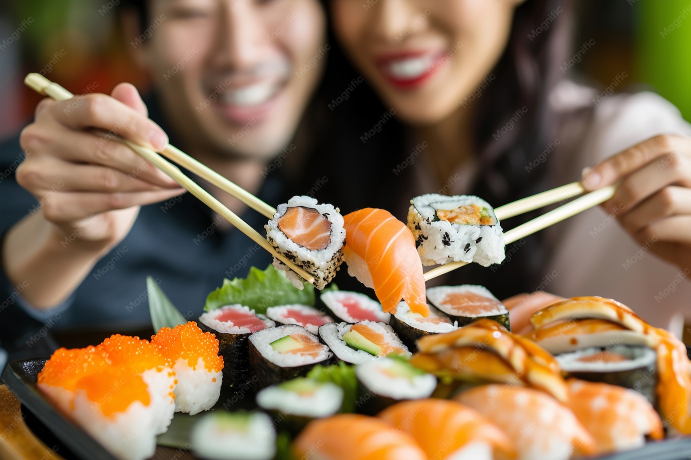 A couple eating sushi that comes with raw seafood.