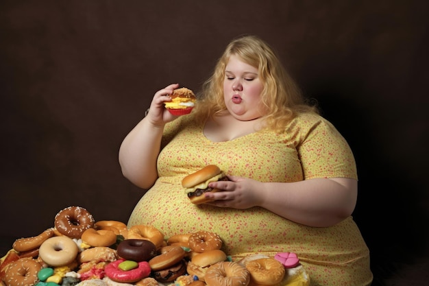 Obese woman eating foods high in AGEs. Obese woman eating foods high in AGEs.
