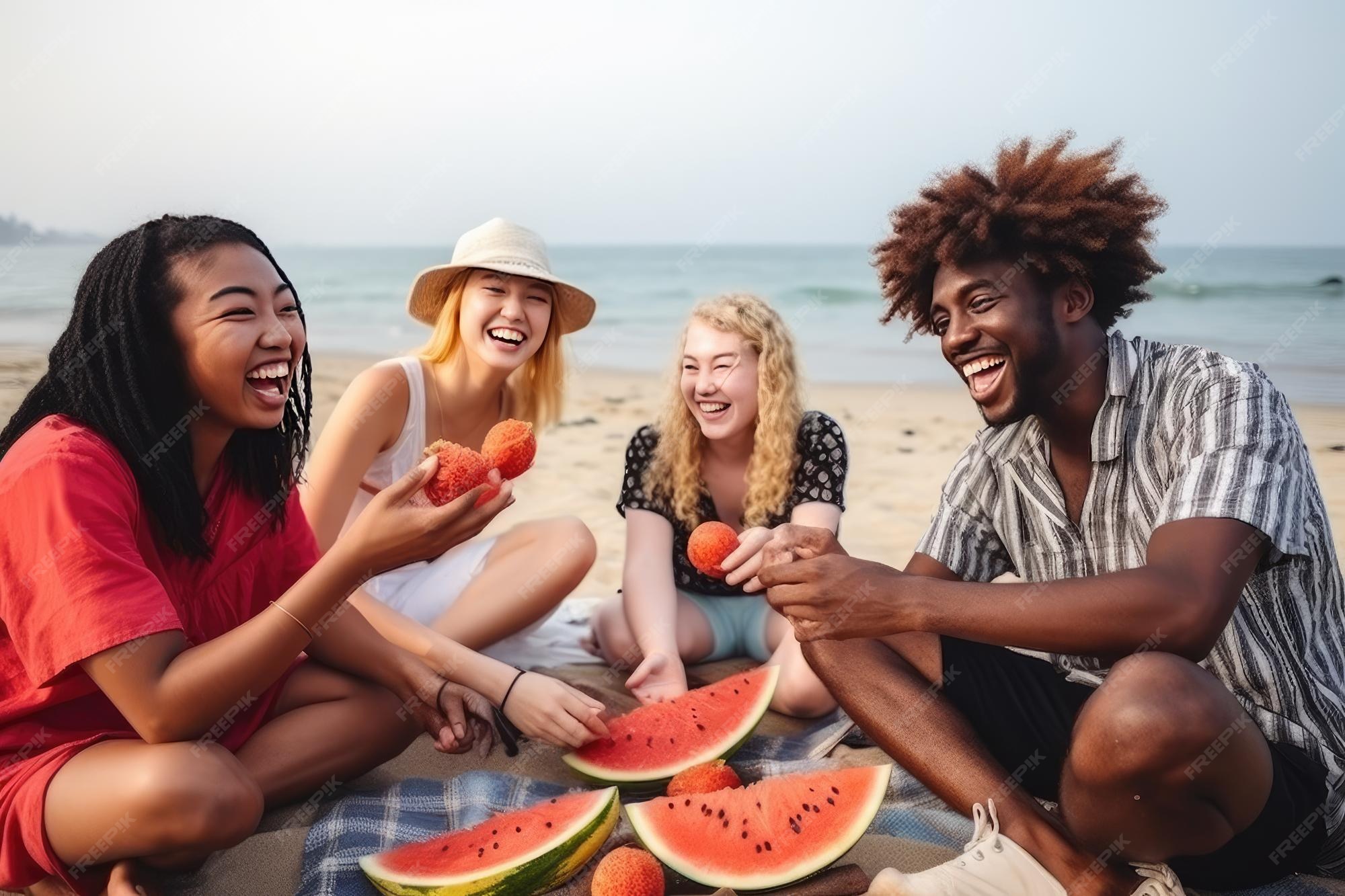 Friends eating fresh fruit.