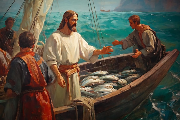 Jesus and his disciples on a boat full of fish.