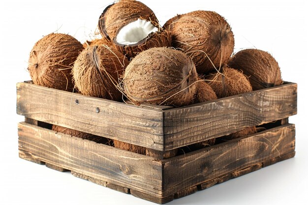 Crate of mature coconuts.