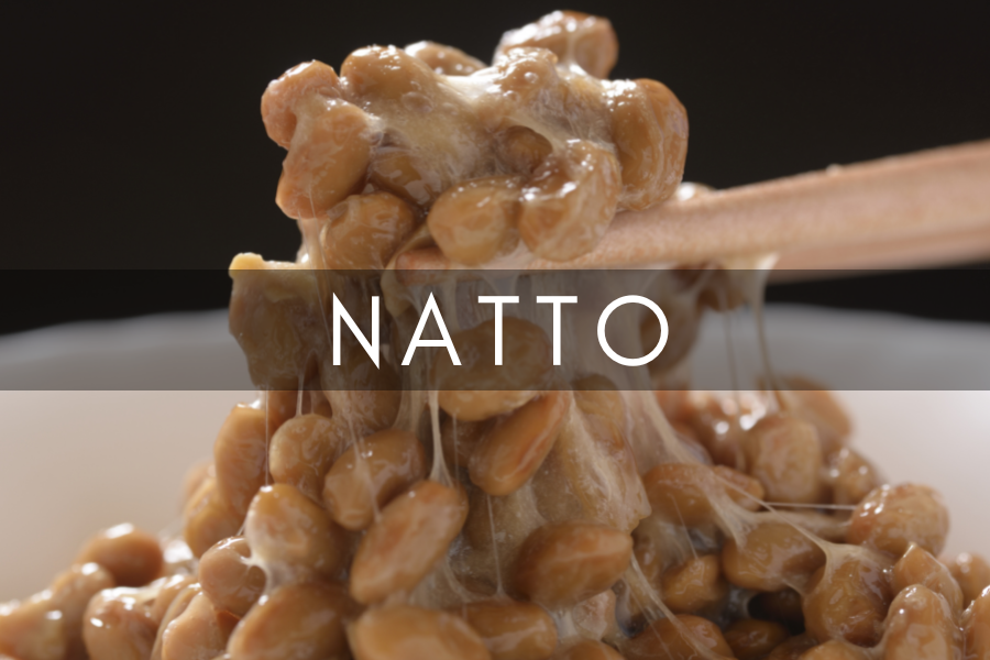 Natto is fermented soybeans and has a form of vitamin K2. Natto is fermented soybeans and has a form of vitamin K2.