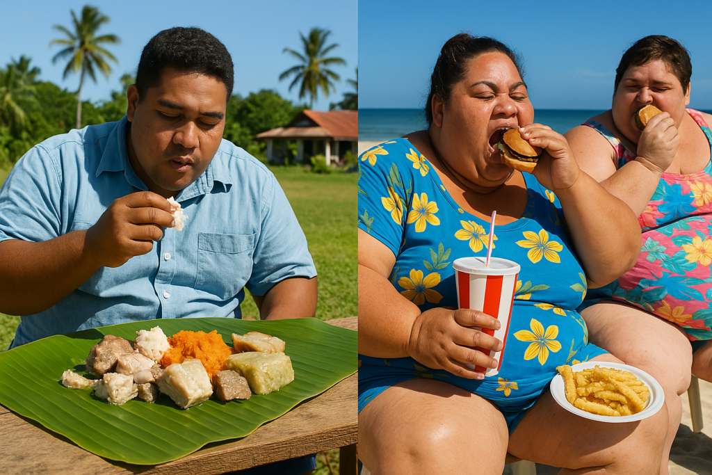 Samoan man eating a traditional diet and Samoan women eating junk food.