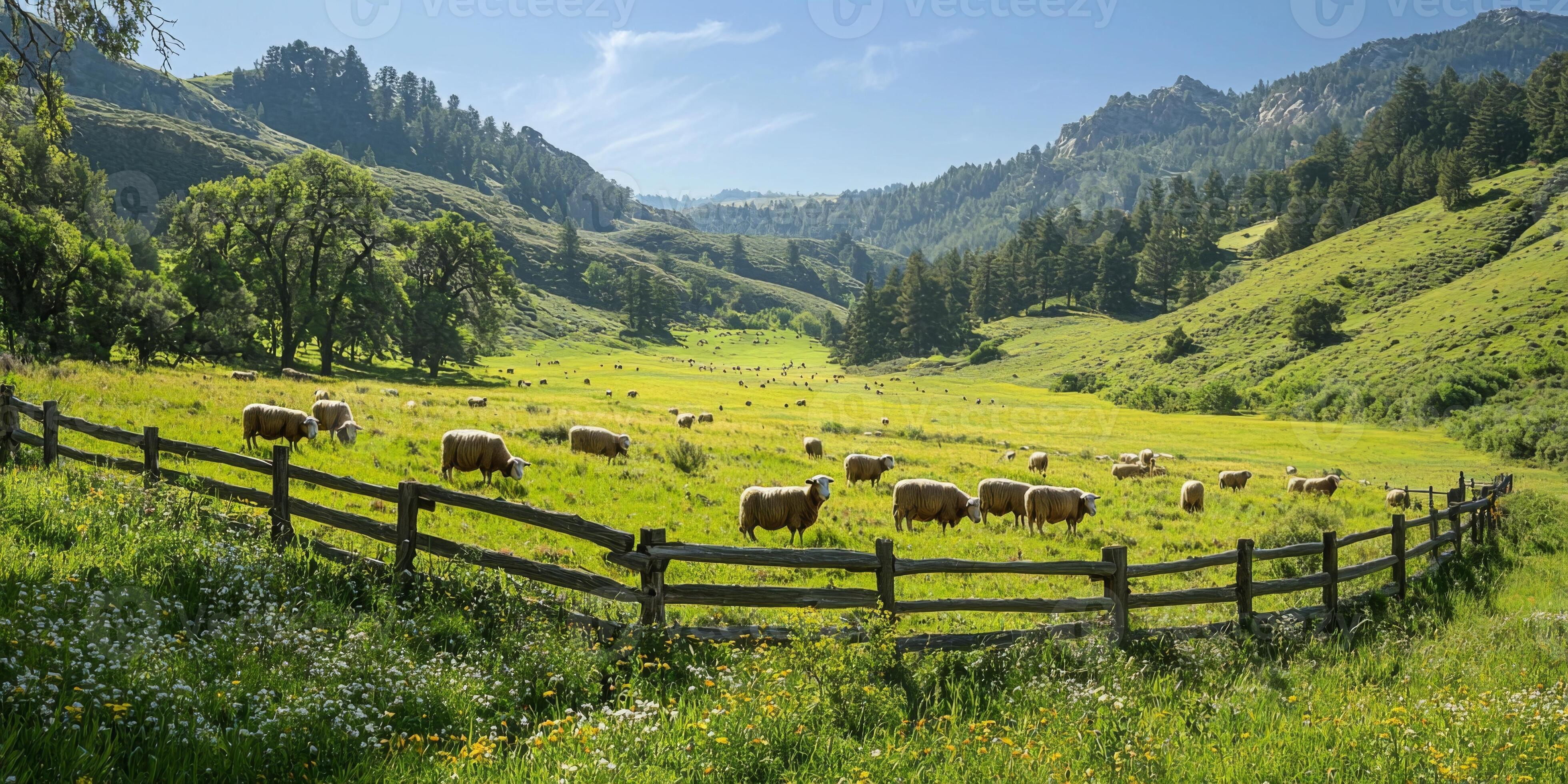 Sheep and cows on lush green pasture.