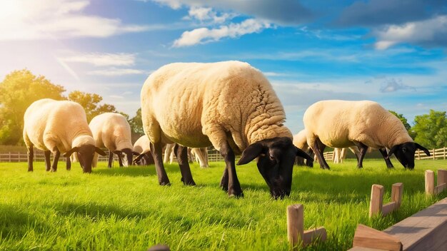 Sheep grazing on green grass.