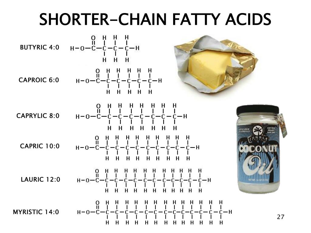 Shorter chained fatty acids can be found in dairy foods and in coconuts. Shorter chained fatty acids can be found in dairy foods and in coconuts.
