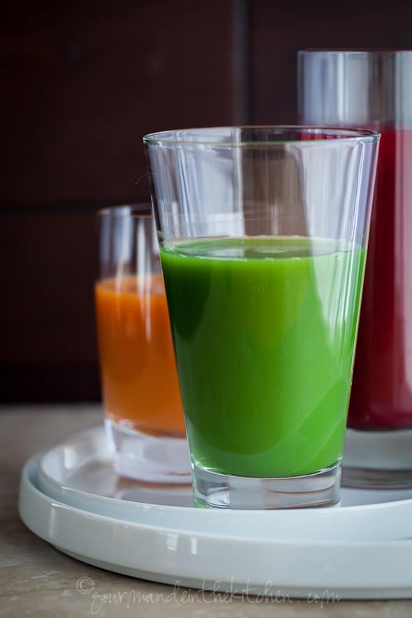 Trio of raw vegetable juices high in minerals.