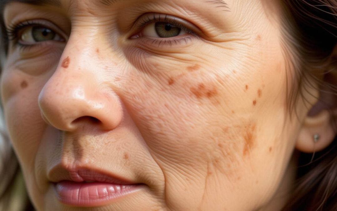 Woman with age spots and wrinkles.
